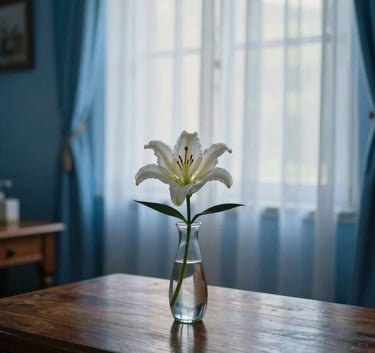 A serene and respectful indoor setting in a South American / Peruvian funeral home. Soft morning light filters through sheer curtains, illuminating a single white lily in a glass vase on a polished wooden table. The atmosphere is solemn and peaceful, using Deep Midnight Blue and Pale Sky Blue tones.
