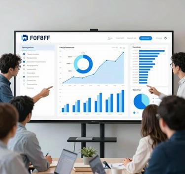 A diverse team of professionals in a bright, modern office collaborating over a large digital screen showing complex financial models. The aesthetic is clean and innovative, with a focus on teamwork and professionalism using #F0F8F8 and #21598B.