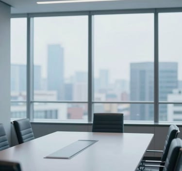 A modern corporate meeting room with floor-to-ceiling windows showing a soft blurred cityscape. The composition focuses on a sleek conference table with leather chairs, emphasizing professional trust and strategic depth. Palette features #0F1E2E and #7AB2B2 accents.