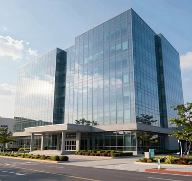 The exterior of a state-of-the-art North American medical facility featuring modern glass architecture, reflecting a clear sky, surrounded by clean landscaping.
