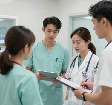 A collaborative healthcare support team in a bright, high-tech North American medical facility. Reassuring and professional atmosphere with soft lighting and seafoam green accents.