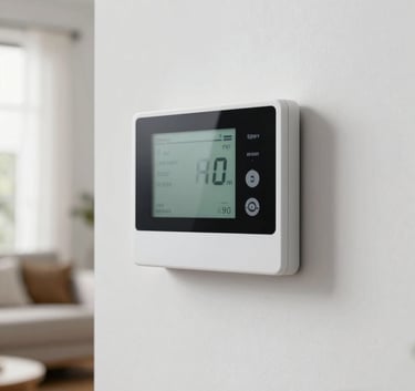 A modern, sleek digital thermostat mounted on a clean, soft-white wall inside a North American / US living room. The lighting is soft and natural, emphasizing efficiency and modern HVAC technology.