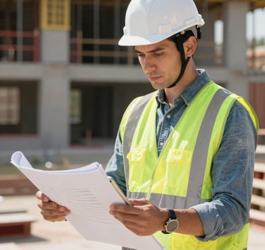 A professional construction project manager in a white hard hat and safety vest reviewing blueprints on a tablet at a sunny North American building site.