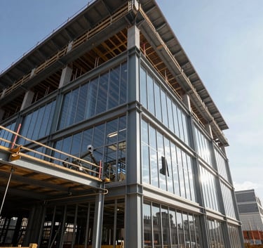 A wide-angle, professional photograph of a modern commercial construction site in a North American urban area, featuring steel beams and large glass windows under a clear sky.