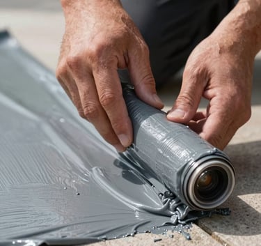 A close-up shot of professional hands applying a thick, grey waterproofing membrane to a terrace corner, demonstrating precision and quality materials.