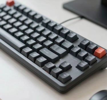 A professional close-up photograph of a modern mechanical keyboard and a clean desk in a North American office. Sharp focus, soft natural light, conveying a sense of precision and professional software testing.