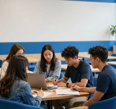 A group of diverse students collaborating on a project in a North American / US campus lounge, featuring clean lines and royal blue decor, professional atmosphere.