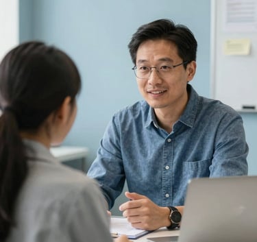 A professional mentor sharing insights with a young adult in a North American / US educational office, soft slate blue color palette, bright and welcoming mood.
