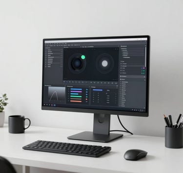 A professional designer workspace with a high-end monitor showing blurred data visualizations. Minimalist aesthetic, soft white and charcoal color palette. North American setting. Clean, sharp, and luxurious photography.