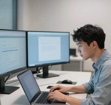 A focused professional working on a laptop with multiple monitors in a sleek North American / Quebecois tech workspace, clean lines, minimalist aesthetic, featuring accents of Pale Ice Blue and Slate Blue.