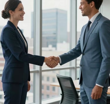 Two diverse professionals shaking hands in a bright, modern North American / Quebecois office in downtown Montreal, floor-to-ceiling windows, professional attire, brand colors Dark Navy Blue and Dusty Blue reflected in the office furniture.