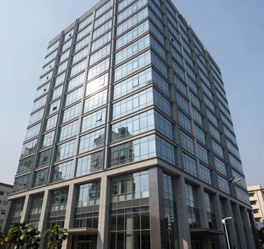 A wide shot of a contemporary corporate building in Dhaka, South Asia, with glass reflections, bright daylight, and a clean, innovative atmosphere.