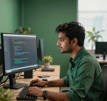 A professional software developer in a modern South Asian / Bangladeshi office, focused on a monitor with code, soft morning light, deep forest green and rich emerald green tones in the decor.