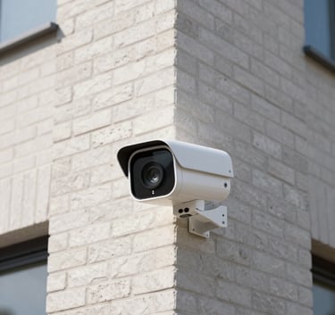 A sleek, white 4K digital security camera installed on the corner of a contemporary European house with a clean brick facade. Bright daylight.