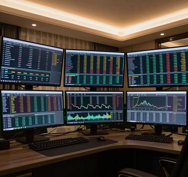 A wide-angle shot of a sophisticated trading terminal setup in a luxurious South Asian apartment. Three curved monitors display complex real-time Forex and Cryptocurrency tickers. The aesthetic is deep black and dark grey with premium gold lighting highlights.