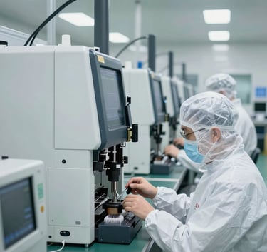 Clean and modern 1000-class dust-free workshop in Shenzhen, featuring rows of advanced ASM automatic wire bonding machines, technical staff in white cleanroom suits, precision industrial photography, East Asian / Chinese setting.