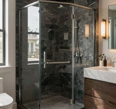 A wide-angle professional photograph of a luxury master bathroom renovation in a North American home. Features a walk-in shower with floor-to-ceiling dark slate tiles and a floating vanity. Soft morning light creates a sophisticated mood.