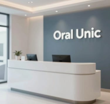 Interior of a high-end Oral Unic clinic, showing a clean reception area with sophisticated finishes in #1A2C3C and #F0F5F7, emphasizing a welcoming and patient-centric environment.
