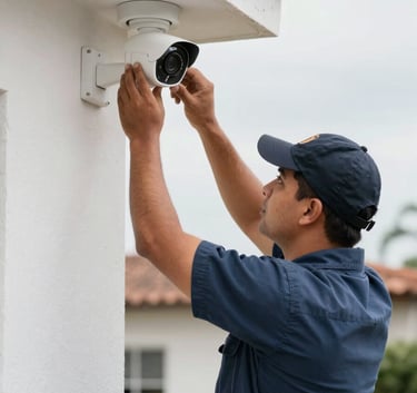 A South American technician in a professional uniform installing a high-definition security camera on a residential wall, clean composition, bright daylight.
