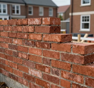 A focused shot of high-quality brickwork being laid on a new residential development in a Northern European / British urban setting, emphasizing craftsmanship.