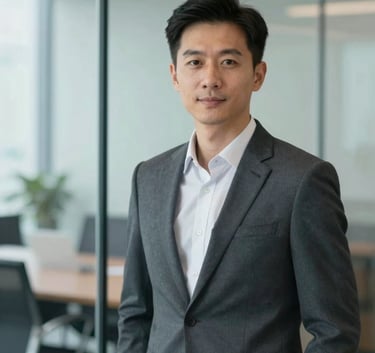 A professional portrait of a confident media buyer in a modern office setting, soft-focus background of a glass boardroom, palette features #F2F4F7 and #33415C, clean professional style.