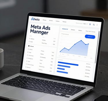 A sleek, high-end workspace with a laptop showing Meta Ads Manager analytics, high-quality photography, cinematic lighting, professional aesthetic incorporating #0A111F and #33415C color tones.