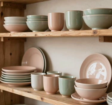 A beautifully styled shelf display of handmade plates, cups, and bowls in cozy soft peach and sage green glazes, set against a warm, neutral wall in a rustic North American home.