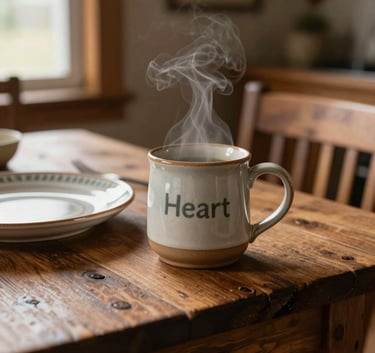 Cozy morning scene in a North American cottage style dining room, featuring a steaming ceramic mug from Clay Heart resting on a rustic wooden table next to a stoneware plate.