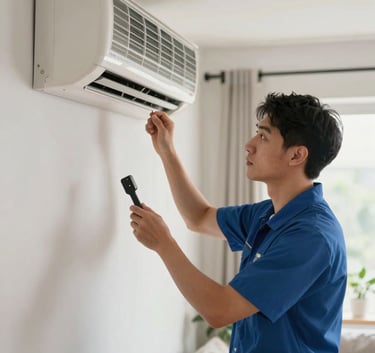 A professional technician in a clean uniform inspecting a wall-mounted AC unit inside a bright North American living room. Natural lighting, shallow depth of field.