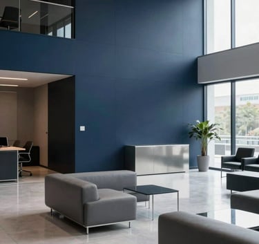 A wide-angle professional photograph of a minimalist, modern office lobby. The scene features deep navy walls, steel grey furniture, and bright natural lighting reflecting off clean surfaces.