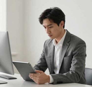 A professional IT consultant in a sharp suit working with a tablet in a bright, soft off-white office space with steel grey minimalist decor.