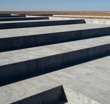 A high-angle professional photograph of a large-scale infrastructure project in Bolivia. The composition is geometric and clean, featuring dark navy blue shadows and light grey concrete under a clear sky.