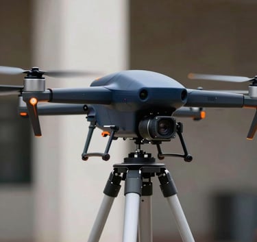 A sleek, industrial drone being prepared for a photogrammetry mission. The drone is matte dark navy with vibrant orange accents, standing on a light grey tripod against an architectural background.