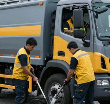 A service team performing septic tank cleaning and siphoning using a modern service truck, professional action shot, muted blue-grey and deep service yellow tones.