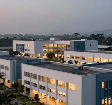 A wide shot of a modern Southeast Asian / Indonesian college campus at dusk, illuminated with warm lights, featuring pale mist white walls and muted steel blue accents, serene atmosphere.