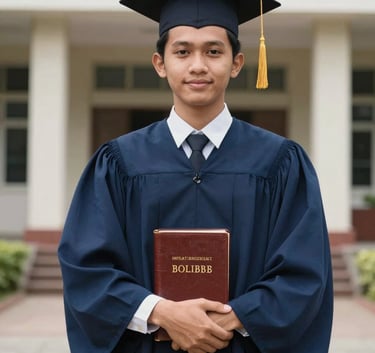 A portrait of a Southeast Asian / Indonesian student in a dark slate blue graduation gown, holding a leather-bound Bible, standing in front of an academic building, soft lighting, professional style.