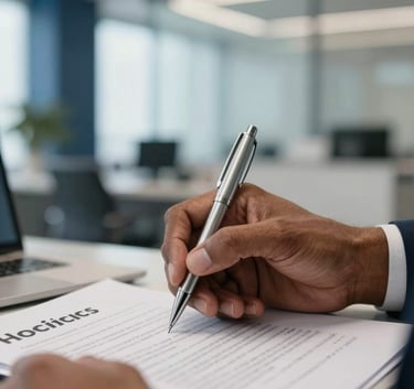 A close-up photograph of professional South Asian / Indian hands holding a silver pen over a clean, modern logistics contract. The background is a blurred view of a bright, modern office with dark blue accents, conveying trust and formal consultation.