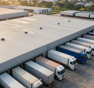 A wide-angle landscape shot of a clean, state-of-the-art logistics hub in an Indian metropolitan area. Modern cargo trucks are neatly aligned at the loading docks. The scene is bathed in morning sunlight, highlighting the efficiency and reliability of the operation.