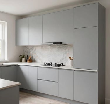 A modern Dutch kitchen with clean lines, cabinets being transformed with a premium light gray silk-finish foil, showing a clear before-and-after contrast, bright natural lighting.