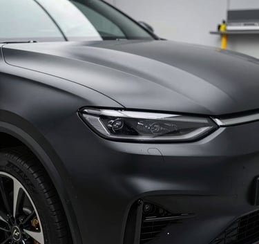 A close-up of a high-end luxury vehicle being wrapped in matte black foil, showing the precision of the edges and the smooth texture, professional workshop lighting, Northern European setting.