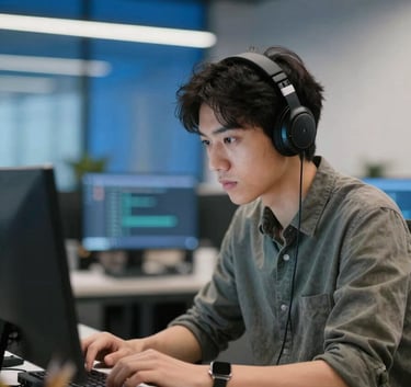 A candid shot of a software developer focused on a project in a bright, modern US office, shallow depth of field, with soft Deep Blue highlights on architectural elements in the background.