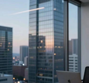 Clean and professional photography of a modern North American tech hub office space with a blurred background of a glass skyscraper cityscape, soft Sky Blue and Deep Blue ambient lighting, sophisticated and minimalist style.
