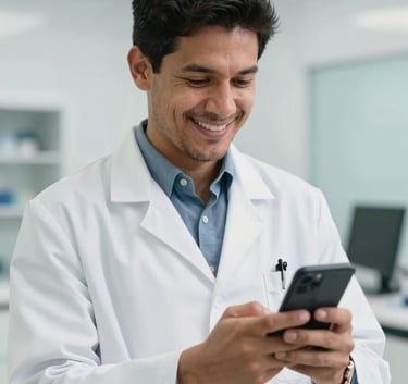 A professional and friendly South American male doctor in a modern white clinic, smiling while looking at a smartphone, bright and airy lighting, clean professional setting.