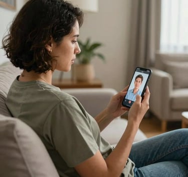 A patient sitting comfortably on a sofa in a modern Colombian home, using their phone for a private medical consultation, warm natural light, professional photography style.