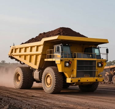 A massive yellow mining truck carrying a full load of copper ore on a wide dirt road, wide angle shot, dramatic morning light, efficiency and scale, global professional context.