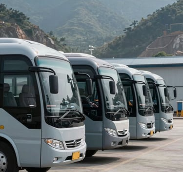 A fleet of specialized personnel transport buses parked in a professional row at a remote mining facility, mountains in the distance, crisp focus, blue grey and light blue grey tones, professional photography.