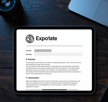 A top-down view of a digital tablet on a dark oak desk showing a clean real estate document layout, surrounded by professional accessories in a sleek North American setting, utilizing steel blue and light blue lighting.