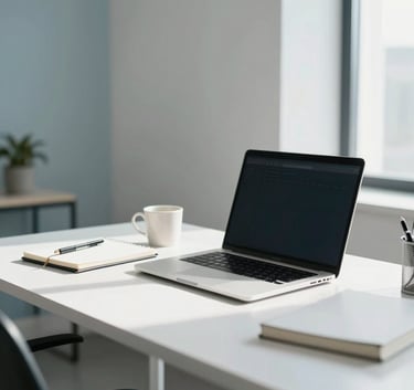 A high-end, bright North American home office with a minimalist desk, silver laptop, and a notebook, captured with natural morning light and soft blue and white tones to suggest professional efficiency.