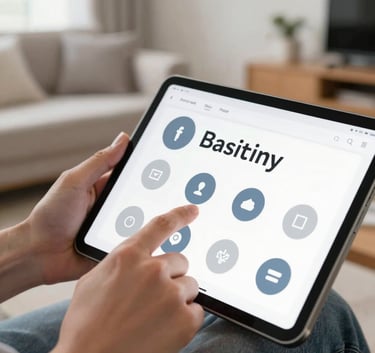 A close-up of a person's hands in a brightly lit North American living room, using a tablet to scroll through a minimalist game library with clean typography and soft blue and gray icons.