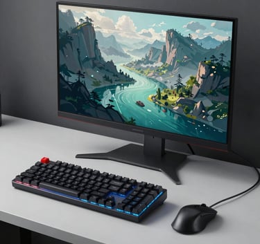 A clean and modern North American gaming setup with a backlit mechanical keyboard, an ergonomic mouse, and a large monitor displaying a colorful, inviting digital landscape in shades of teal and gray.